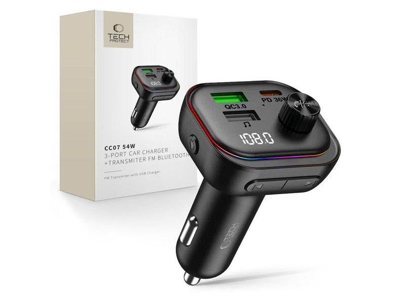 Tech-Protect CC07 Car Charger 3-Ports PD 54W + Bluetooth FM Transmitter - Black