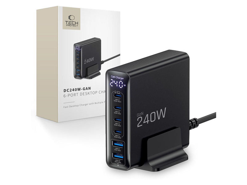 Tech-Protect DC240W-GaN Charging Station 6 Ports 4 x USB-C 2 x USB-A 240W QC3.0 - Black USB-Hubs - USB 3.0 - 6 - Schwarz
