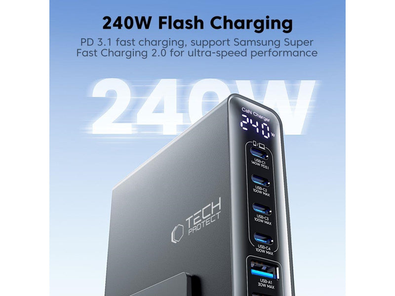 Tech-Protect DC240W-GaN Charging Station 6 Ports 4 x USB-C 2 x USB-A 240W QC3.0 - Black USB-Hubs - USB 3.0 - 6 - Schwarz