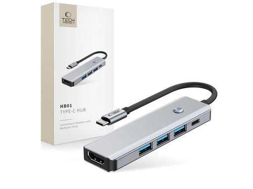 Tech-Protect HB01 HUB Adapter 5in1 USB-C + USB3.0 + HDMI 4K 60Hz + PD100W - Grey USB-Hubs - USB 3.0 - 5 - Grau