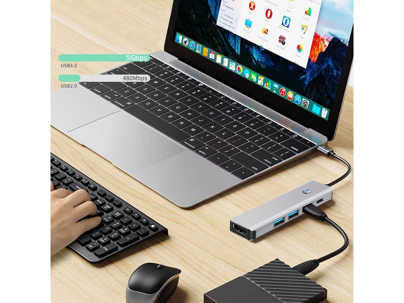 Tech-Protect HB01 HUB Adapter 5in1 USB-C + USB3.0 + HDMI 4K 60Hz + PD100W - Grey USB-Hubs - USB 3.0 - 5 - Grau