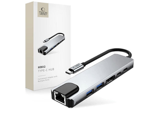 Tech-Protect HB02 HUB Adapter 6in1 USB-C + USB2.0 + USB3.0 + HDMI 4K 30Hz + RJ45 + PD100W - Grey USB-Hubs - USB 3.0 - 6 - Grau