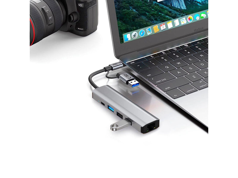 Tech-Protect HB03 HUB Adapter 5in1 USB-C + USB2.0 + USB3.0 + RJ45 - Grey USB-Hubs - USB 3.0 - 5 - Grau