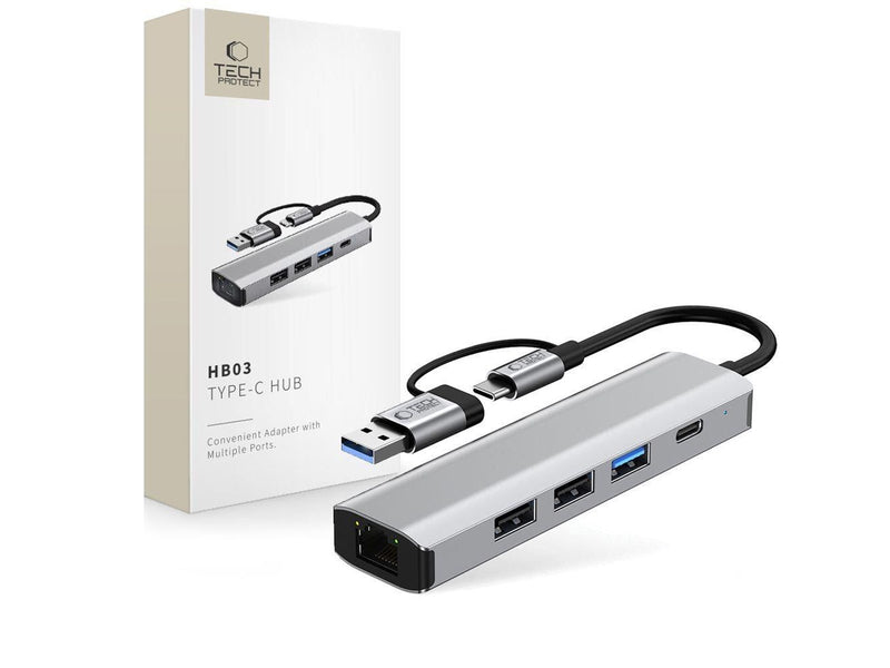 Tech-Protect HB03 HUB Adapter 5in1 USB-C + USB2.0 + USB3.0 + RJ45 - Grey USB-Hubs - USB 3.0 - 5 - Grau