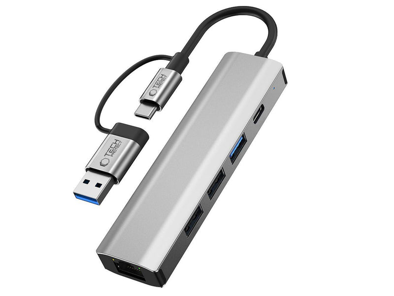 Tech-Protect HB03 HUB Adapter 5in1 USB-C + USB2.0 + USB3.0 + RJ45 - Grey USB-Hubs - USB 3.0 - 5 - Grau