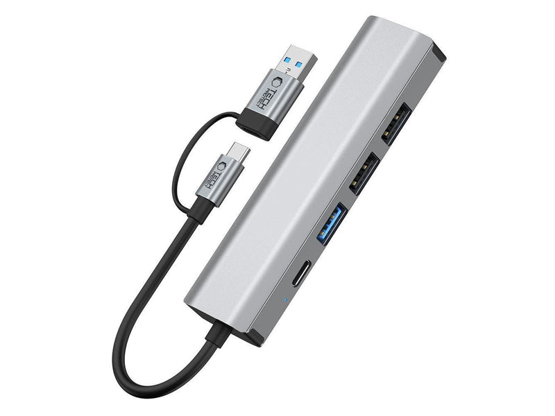 Tech-Protect HB03 HUB Adapter 5in1 USB-C + USB2.0 + USB3.0 + RJ45 - Grey USB-Hubs - USB 3.0 - 5 - Grau