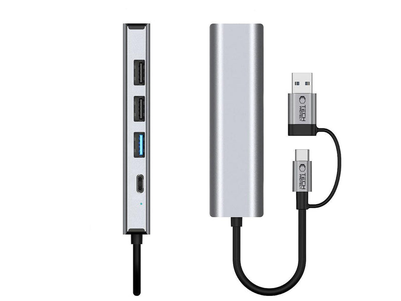 Tech-Protect HB03 HUB Adapter 5in1 USB-C + USB2.0 + USB3.0 + RJ45 - Grey USB-Hubs - USB 3.0 - 5 - Grau