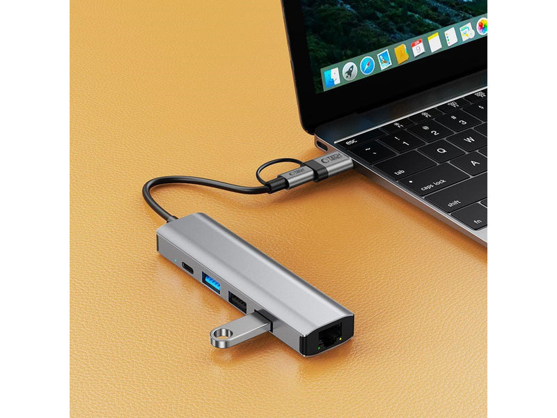 Tech-Protect HB03 HUB Adapter 5in1 USB-C + USB2.0 + USB3.0 + RJ45 - Grey USB-Hubs - USB 3.0 - 5 - Grau