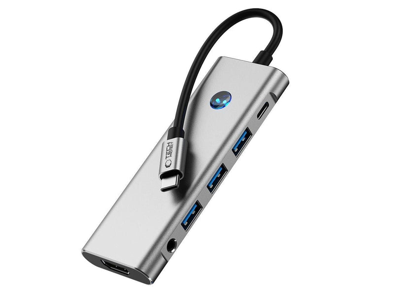 Tech-Protect HB04 HUB Adapter 9in1 USB-C + USB2.0 + USB3.0 + HDMI 4K 60Hz + SD / TF + PD100W + AV3.5 - Grey USB-Hubs - USB 3.0 - 5 - Grau
