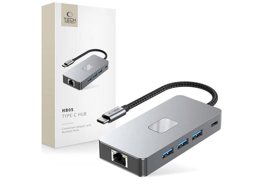 Tech-Protect HB05 HUB 9in1 USB-C + USB2.0 + USB3.0 + HDMI 4K 60HZ + SD / TF + PD100W + RJ45 - Grey USB-Hubs - USB 3.0 - 9 - Grau