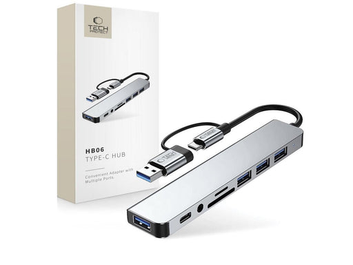 Tech-Protect HB06 HUB Adapter 8in1 TYPE-C + USB2.0 + USB3.0 + SD/TF + AV3.5 - Grey USB-Hubs - USB 2.0 - 8 Anschlüsse - Grau