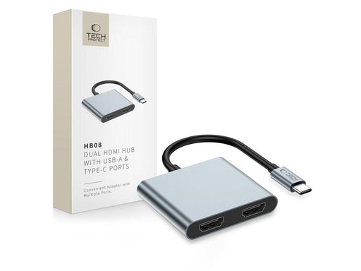 Tech-Protect HB08 4-in-1 USB-C + USB2.0 + 2 x HDMI 4K 60HZ Adapter - Grey USB-Hubs - USB 2.0 - 2 - Grau
