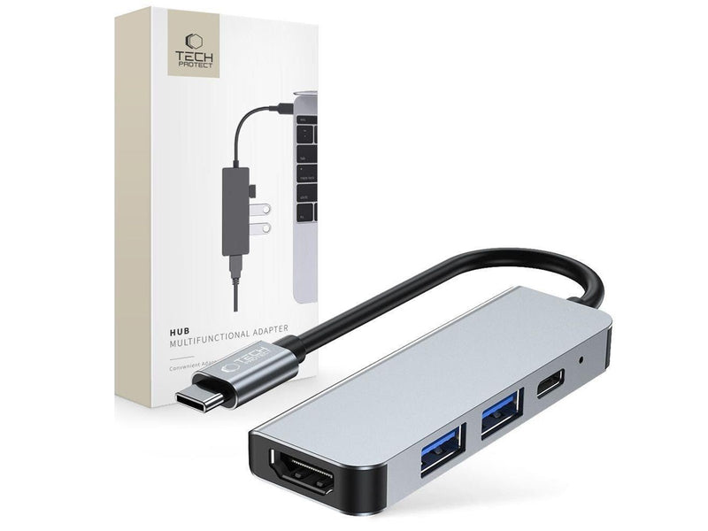 Tech-Protect HUB V2 4in1 USB-C - USB-A 3.0 / USB-A 2.0 / USB-C / HDMI - Grey USB-Hubs - USB 2.0 - 4 - Grau
