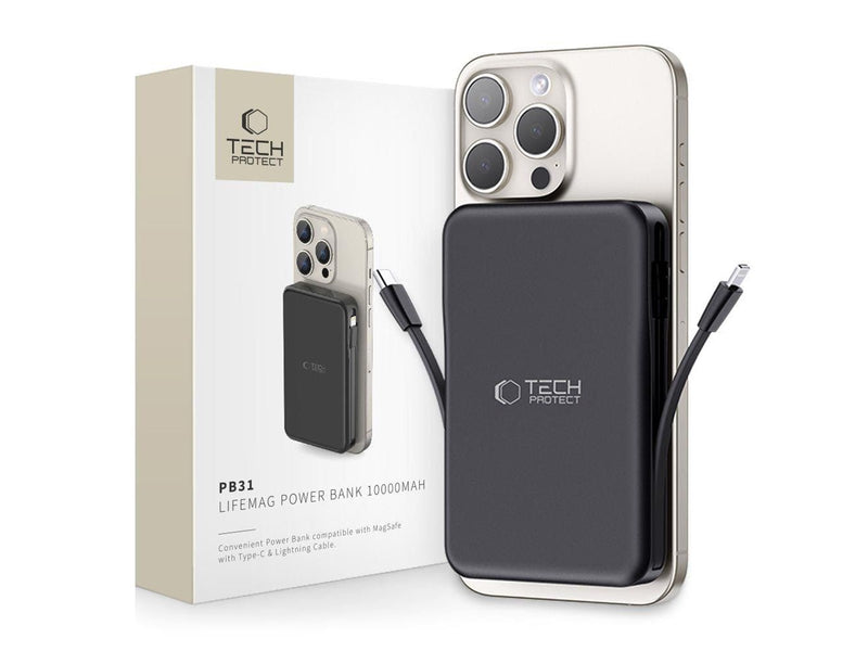 Tech-Protect LifeMag PB31 Power Bank with MagSafe 10000mAh 15W USB-C / USB-A / Built-in USB-C / Lightning Cables - Black - 10000 mAh