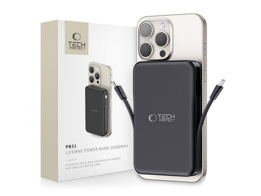 Tech-Protect LifeMag PB31 Power Bank with MagSafe 10000mAh 15W USB-C / USB-A / Built-in USB-C / Lightning Cables - Black - 10000 mAh