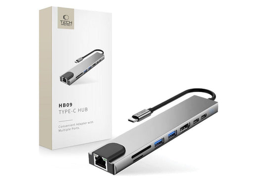 Tech-Protect USB Hub HB09 8in1 TYPE-C + USB-A 3.0 + USB-C 3.0 + HDMI 4K 60HZ + SD/TF + PD100W + RJ45 1000 MB/S - Grey USB-Hubs - USB 3.0 - 8 Anschlüsse - Grau