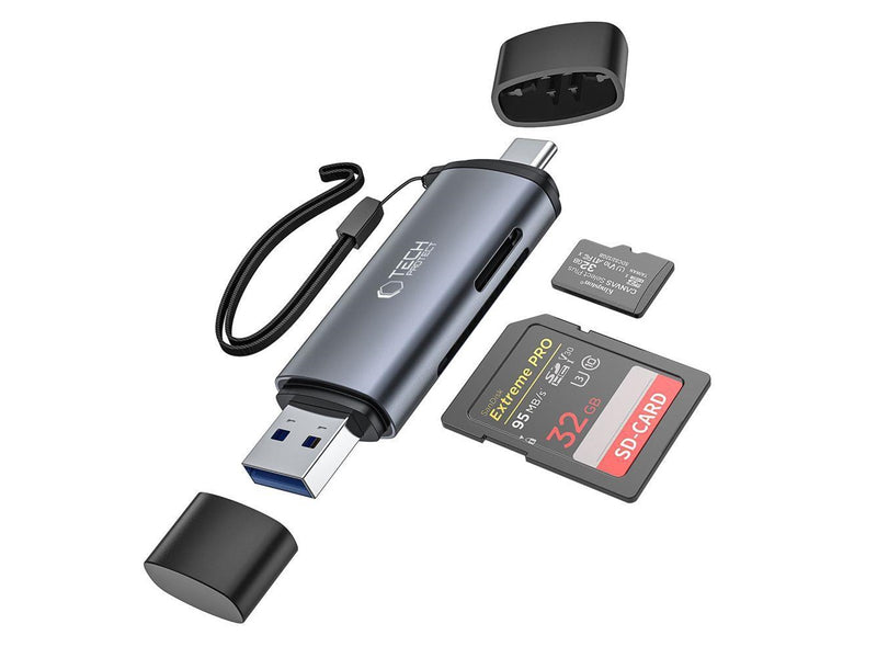 Tech-Protect UltraBoost SD / micro SD card reader with USB-C / USB-A connectors - grey USB-Hubs - USB 3.0 - 4 - Grau