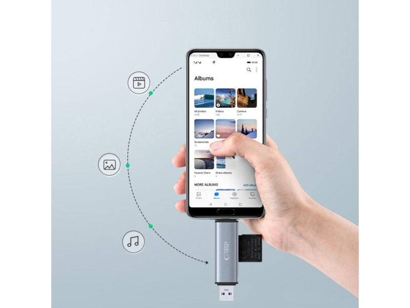 Tech-Protect UltraBoost SD / micro SD card reader with USB-C / USB-A connectors - grey USB-Hubs - USB 3.0 - 4 - Grau