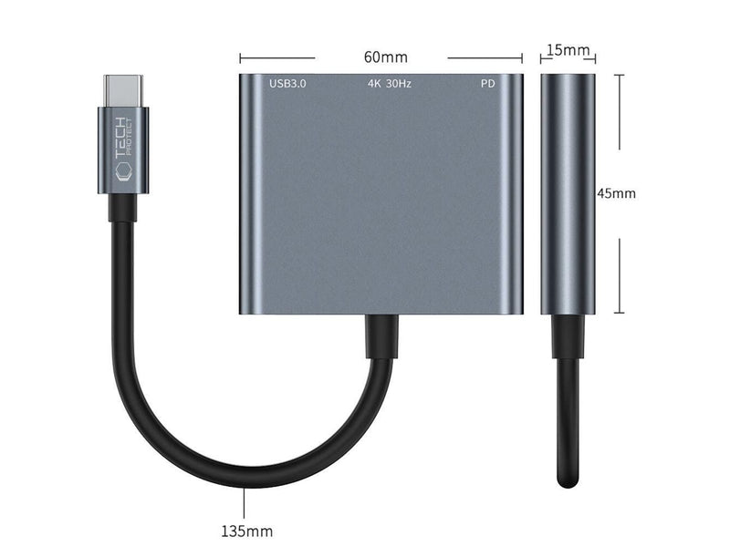 Tech-Protect V1 3in1 USB-C - USB-A 3.0 / USB-C PD 100W / HDMI 4K 30Hz - Grey USB-Hubs - USB 3.0 - 3 - Grau