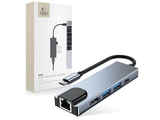 Tech-Protect V3 5in1 USB-C - USB-A 3.0 / USB-A 2.0 / USB-C / HDMI / RJ45 - grey USB-Hubs - USB 2.0 - 6 - Grau