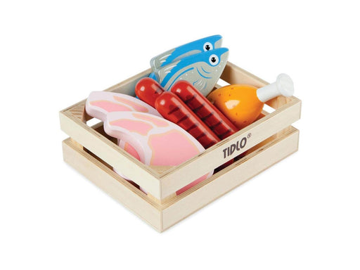 Tidlo Wooden Play Food Meat and Fish in Box 8 pieces.