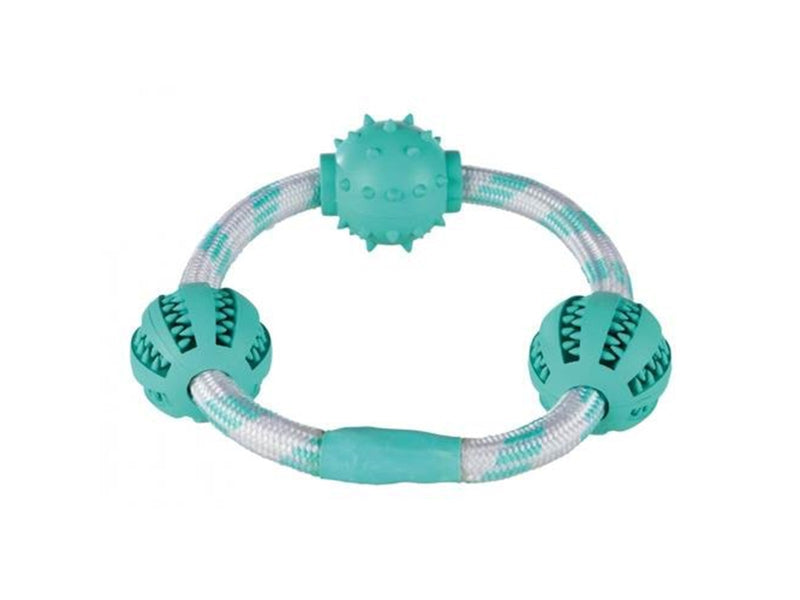Trixie Denta Fun Rope ring with balls mint flav. Rubber  ø 20 cm/ø 5 cm