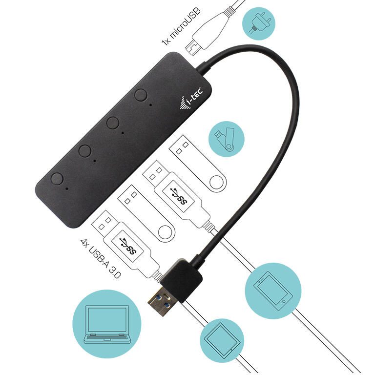 I-TEC USB 3.0 Metal Hub 4 Port mit Ein/Aus Schaltern