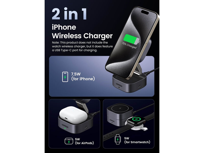 UGREEN 2-in-1 Qi Magnetic Foldable Charging Station (No AC Adapter)