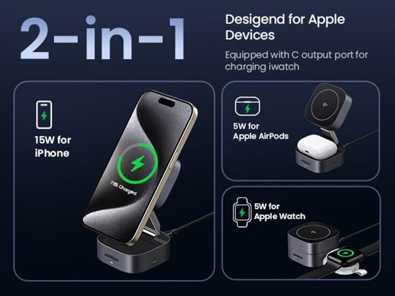 UGREEN 2-in-1 Qi2 Magnetic Foldable Charging Station (No AC Adapter)