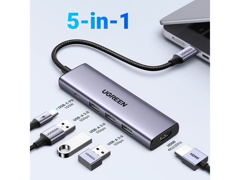 UGREEN 5-in-1 USB-C to 3*USB.3.0+HDMI Hub with USB-C Power Supply