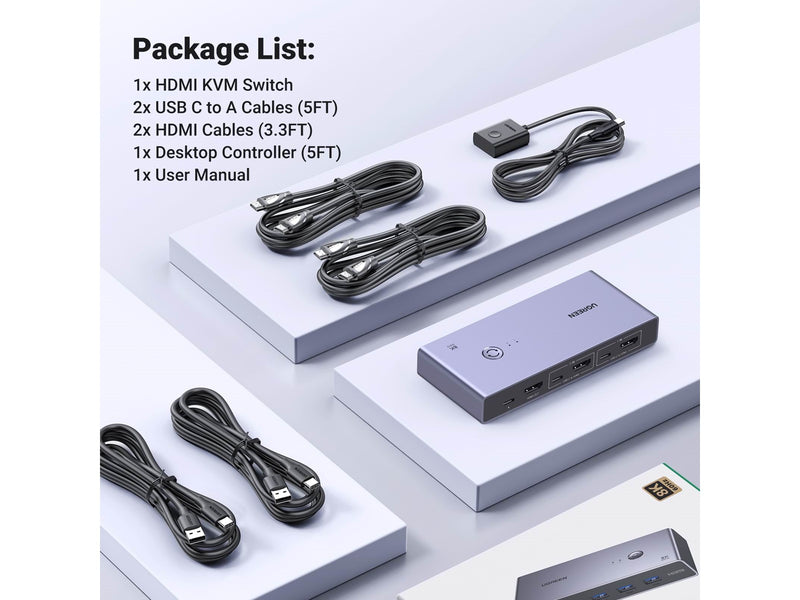 UGREEN 8K HDMI KVM Switch 4 USB 3.0 Ports (3 USB-A + 1 USB-C) 2 HDMI Cables 2 USB Cables and Controller