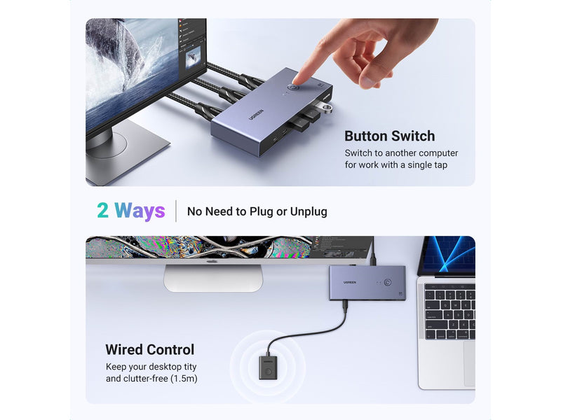 UGREEN 8K HDMI KVM Switch 4 USB 3.0 Ports (3 USB-A + 1 USB-C) 2 HDMI Cables 2 USB Cables and Controller
