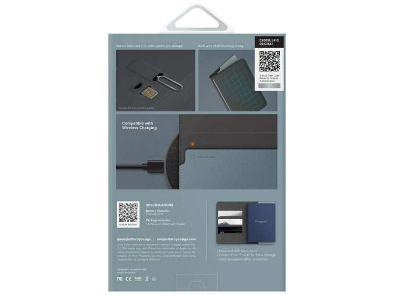 UNIQ Belmont Passport Case with Apple Find My RFID Lock Gray Blue