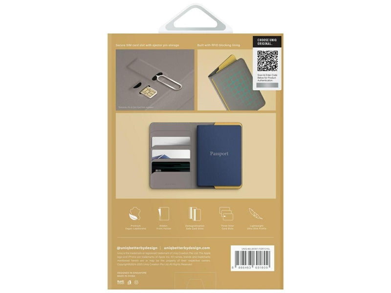 UNIQ Belmont Passport Case with RFID Lock - Grey/Yellow