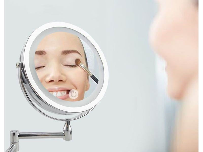 UNIQ LED Wall-Mounted Cosmetic Mirror with Articulating Arm and 5x Magnification
