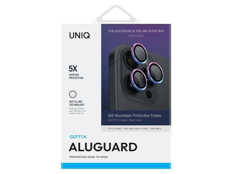 UNIQ  Optix Aluminum Camera Lens Protector Tempered Glass Camera Protector Phone Camera With Applicator For iPhone 16 Pro / 16 Pro Max - Iridescent