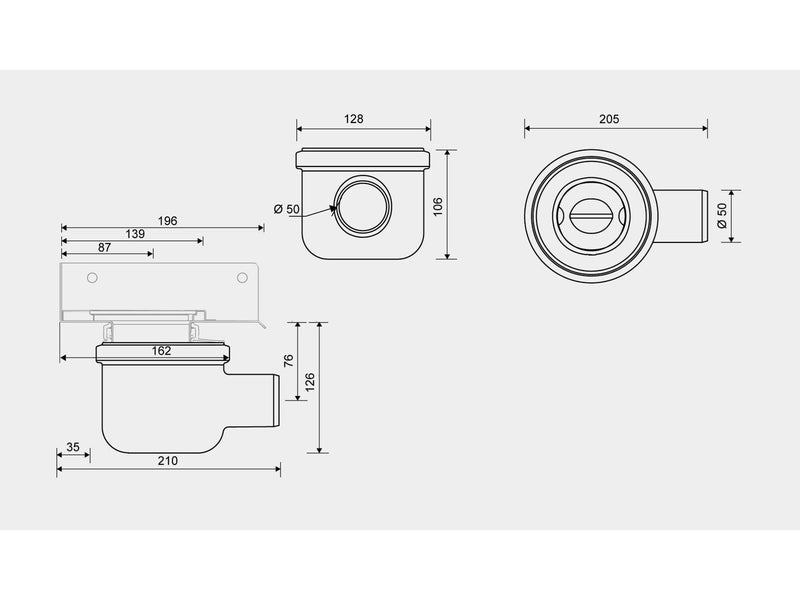 Unidrain Drain unit w/horizontal outlet Ø50 mm incl. water trap corner drain