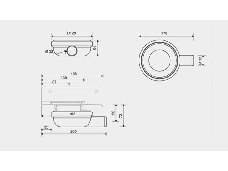 Unidrain Outlet unit w/horizontal outlet Ø32 mm corner drain