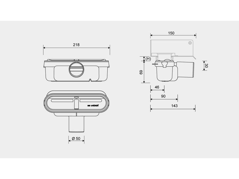 Unidrain Outlet unit w/horizontal outlet Ø50 mm incl. water trap and extra low installation height