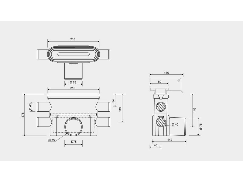 Unidrain Outlet unit w/horizontal outlet Ø75 mm incl. water trap and fire horizontal side inlets Ø40 mm
