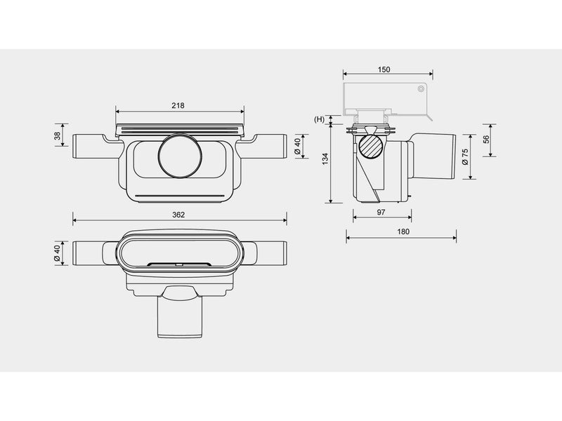 Unidrain Outlet unit w/horizontal outlet Ø75 mm incl. water trap and two horizontal side inlets Ø40/32 mm