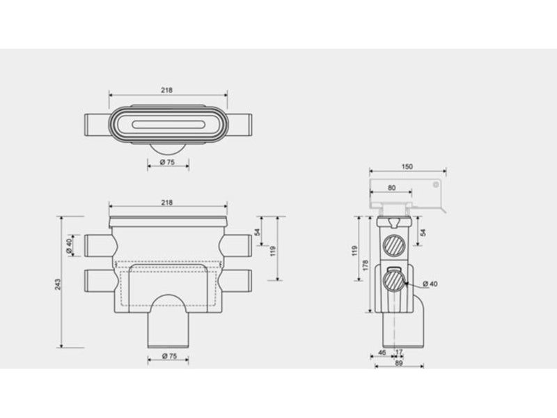 Unidrain Outlet unit w/vertical outlet Ø75 mm incl. water trap and fire horizontal side inlets Ø40 mm