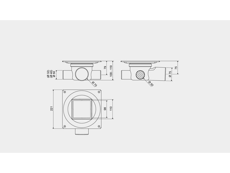 Unidrain Set 1 Square Custom 10x10 Ø75 mm horizontal
