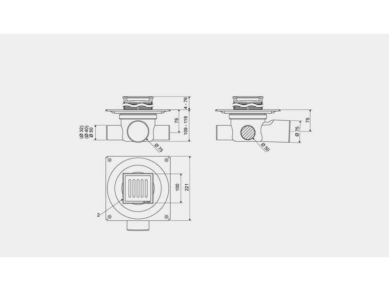 Unidrain Set 3 Square ClassicLine Column 10x10 Ø75 mm horizontal
