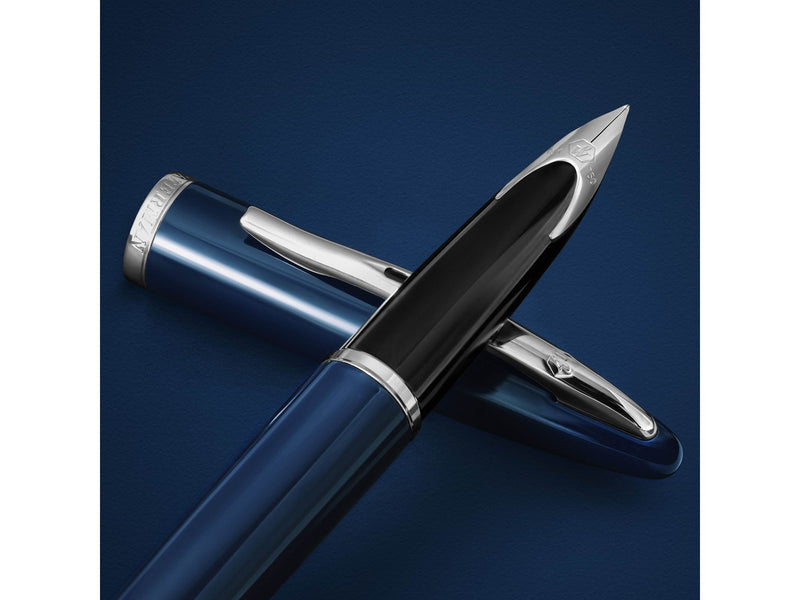 Waterman Carene Fountain Pen Blue Lacquer with palladium trim  18K Gold Medium Nib Blue Ink Gift Box