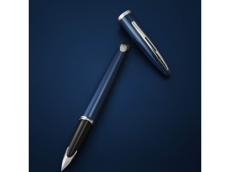 Waterman Carene Fountain Pen Blue Lacquer with palladium trim  18K Gold Medium Nib Blue Ink Gift Box