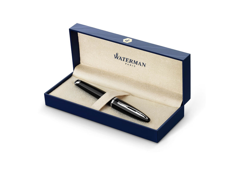 Waterman Carène Black Sea Füller | hochglänzend Schwarz mit Palladiumzierteilen | Füllfederhalter mit feiner Feder | blaue Tinte | Geschenkbox