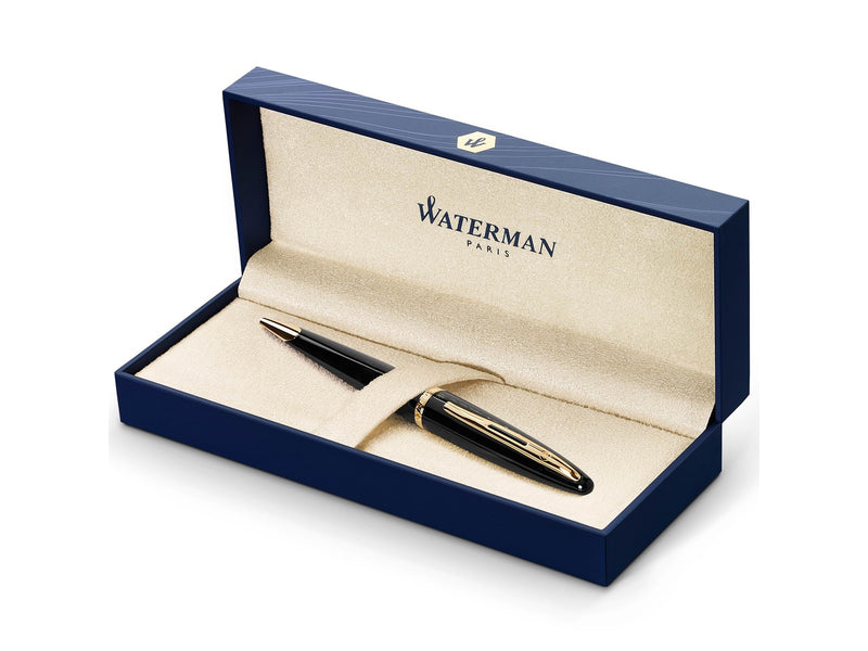 Waterman Carène Black Sea Kugelschreiber | hochglänzend Schwarz mit Clip aus 23-karätigem Gold | mittlere Schreibspitze | blaue Tinte | Geschenkbox
