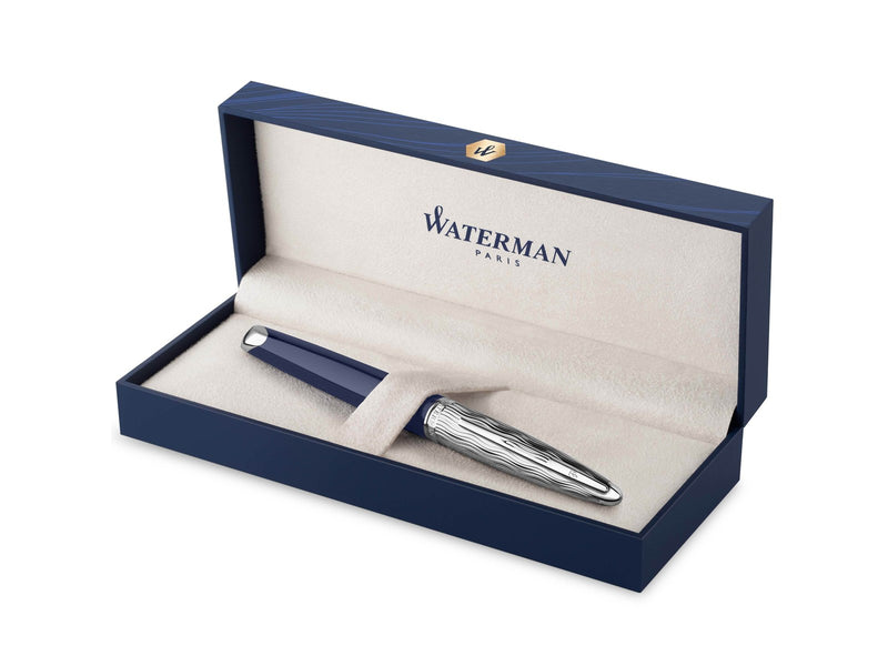 Waterman Carène Füller | Metall und blaue Lackierung | ziselierte Kappe | feine Feder aus 18-Karat-Gold | blaue Tinte | Geschenkbox
