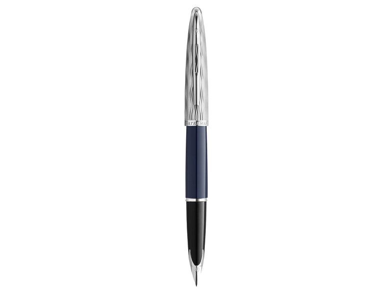 Waterman Carène Füller | Metall und blaue Lackierung | ziselierte Kappe | feine Feder aus 18-Karat-Gold | blaue Tinte | Geschenkbox